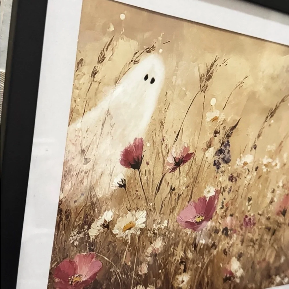 8x10 Framed Whimsical Ghost Floral pink wildflower field Halloween Decor